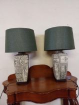 Pair of painted metal lamps with cloth shades {73 cm H x 38 cm Dia.}.