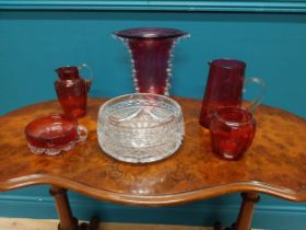 Collection six Ruby glass pieces and cut crystal bowl {Vase 22 cm H x 20 cm W x 16 cm D and Bowl 9