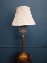 19th C. brass corinthian column table lamp with cut glass bowl and cloth shade originally from