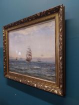J Downie 1934. Maritime Scene Watercolour mounted in carved gilt frame { 50cm H X 61cm W }.