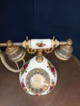 Royal Albert Old Country Rose ceramic and brass telephone.