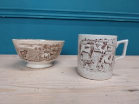 19th. C. Transfer pattern Cow porridge bowl ( 10cm H X 17cm Dia.) & mug (11cm H X 13cm W X 10cm D)