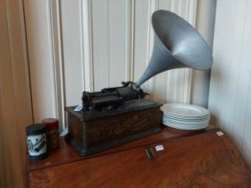 19th. C. Edison Home Phonograph with aluminium horn and two boxed cylinders. { 55cm H X 42cm W X