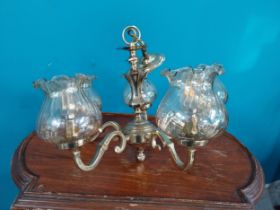 Vintage brass five branch chandelier with glass shades. {30 cm H x 50 cm Diam}.