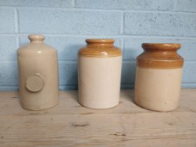 Two stoneware storage jars { 23cm H X 15cm Dia. & 22cm H X 14cm Dia. } & stoneware hotwater bottle {