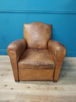 French Art Deco tanned leather club chair {80 cm H x 80 cm W x 80 cm D}.