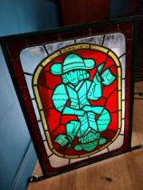 Pair of Tavern Sign stain glass windows mointed in metal frames. { 75cm H X 70cm D }.