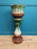 Decorative ceramic jardeniere on stand {93 cm H x 34 cm Dia}.