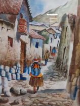 Framed watercolour - Peruvian Street Scene. {75 cm H x 60 cm W} { cm H cm W cm D}.