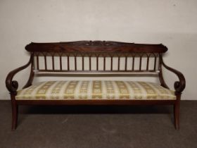Regnecy carved mahagony and brass inlaid hall bench {104 cm H x 213 cm W x 77 cm D}.