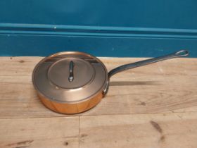 Exceptional quality French copper lidded saucepan with wrought iron handle. {17 cm H x 50 cm W x