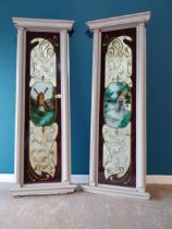 Rare pair of Art Nouveau Oriental reverse glass panels mounted in painted mahogany frames {186 cm