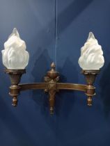 Pair of bronze two branch wall lights in the Edwardian style. { 43cm H X 48cm W X 26cm D }.