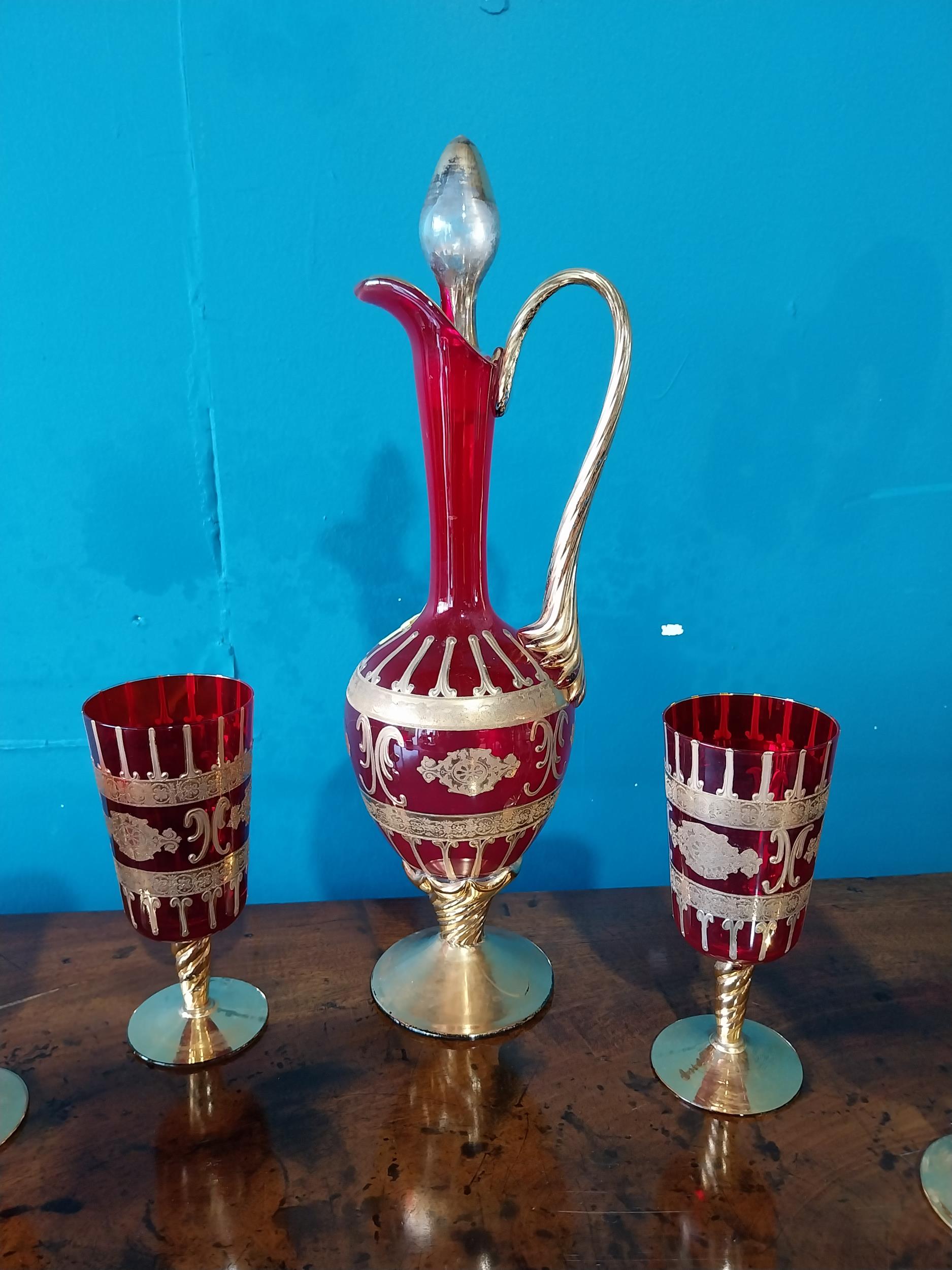 Early 20th C. Ruby glass and gilt decanter with six matching glasses {42 cm H x 15 cm Dia. And 18 cm - Image 3 of 6