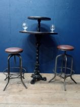 Pair of metal industrial stools with leather upholstered seats. { 78cm H X 35cm Dia }.