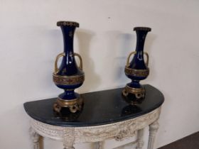 Pair of 19th C. ceramic and gilded bronze vases signed {50 cm H x 22 cm Dia.}.