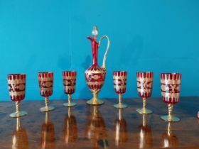 Early 20th C. Ruby glass and gilt decanter with six matching glasses {42 cm H x 15 cm Dia. And 18 cm