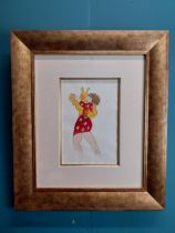 Paulin Bewick 1935 - 2022. Yellow Man Dancing Watercolour mounted in a gilt frame. { 27cm H X 18cm W