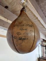 1940s leather boxing speed bag {38 cm H x 22 cm Dia.}.