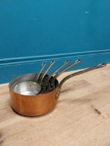 Set of five graduated copper saucepans. {19 cm H 39 cm W x 20 cm D} to {11 cm H x 23 cm W x 12 cm