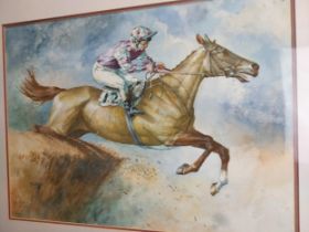 Peter Curling 1955 - . Jumping The Last Watercolour mounted in a gilt frame. { 44cm H X 60cm W }.