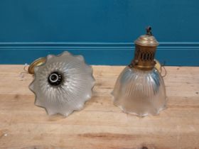 Pair of early 20th C. holophane fluted glass shades with original brass galleries. {35 cm H x 25