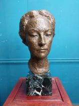 20th. C. Irish school bronze bust of a Lady mounted on a marble base. { 45cm H X 20cm W X 24cm D }.