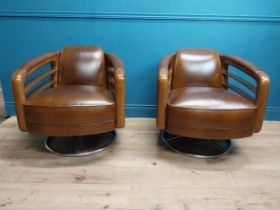 Pair exceptional quality cherrywood and hand died leather swivel arm chairs on chrome bases in the