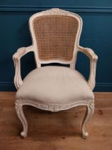 Painted French open armchair with bergere back and upholstered seat. {100 cm H x 60 cm W x 60 cm D}
