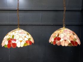 Pair of stain glass ceiling lights in the Tiffany style. { including chain 100cm H, Shade 30cm H X