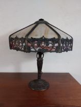 Gilded bronze and stained glass lamp in the Art Nouveau Tiffany style {56 cm H x 44 cm Dia.}.