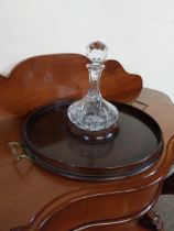 Mahogany drinks' tray and cut glass crystal decanter {30 cm H x 50 cm Dia.}.