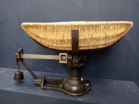 Set of 19th. C. metal baby weighing scales with wicker basket. { 42cm H X 70cm W 33cm D }.