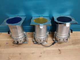 Set of three aluminium stage lights. {40 cm H x 24 cm W x 24 cm D}.