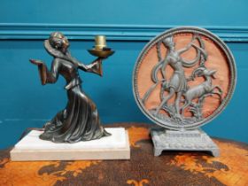 Art Deco spelter table lamp in the form of a Lady mounted on marble base and another spelter table