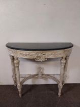 Decorative painted pine side table with marble top in the French style {84 cm H x 106 cm W x 42 cm