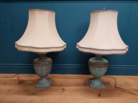 Pair of ceramic table lamps with cloth shades. {87 cm H x 49 cm W x 49 cm D}.
