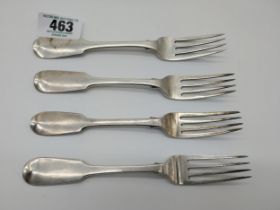 Four Irish silver tea forks. Hallmarked Dublin 1843 x3 and 1844 x1 Maker Philip Weekes Wt: 329grms.
