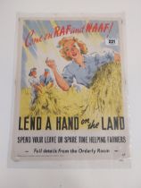 Two original RAF and WAAF Lend and Hand on the Land posters. {50 cm H x 37 cm W} and {49 cm H x 36