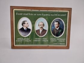 Framed coloured print of three 1916 rising leaders Pearse, Clarke and McDonagh.