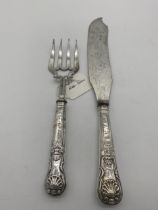 Kings Pattern fish knife and fork serving set with English silver handles. Hallmarked in Sheffield