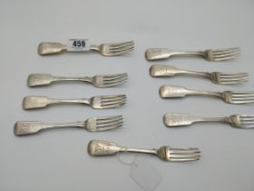 Nine English silver tea forks. Hallmarked in London. Maker Jonathan Hayne X 8, George William