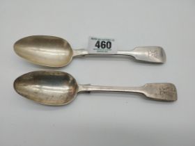 Two English silver table spoons. Hallmarked in London 1853. Maker George William Adams. Wt: 164grms.