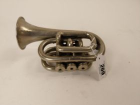 Cornet, mouth piece missing. { 22cm L overall. }.