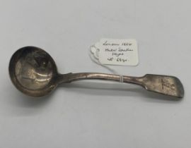English silver sauce ladle. Hallmarked in London 1864. Maker Jonathan Hayne. Wt: 68grs. { 18cm L }.