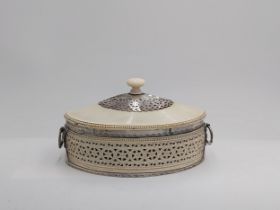 19th. C. bone casket with English silver mounts, the casket of oval form, with shallow domed lift