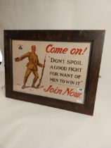 Framed WWI Recruitment Poster Don’t spoil a Good Fight for want of winning it. {64 cm H x 84 cm W}.