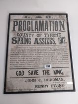 Framed Proclamation of County Tyrone Spring Assizes 1912 {57 cm H x 46 cm W}.