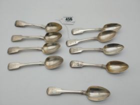 Set of nine English silver dessert spoons. Hallmarked in London. 1810 or 1830. Maker Jonathan Hayne.