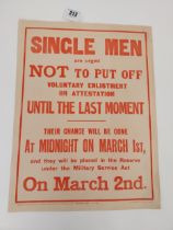 Original WWI recruitment poster Single Men are urged not to put off Voluntary Enlistment published